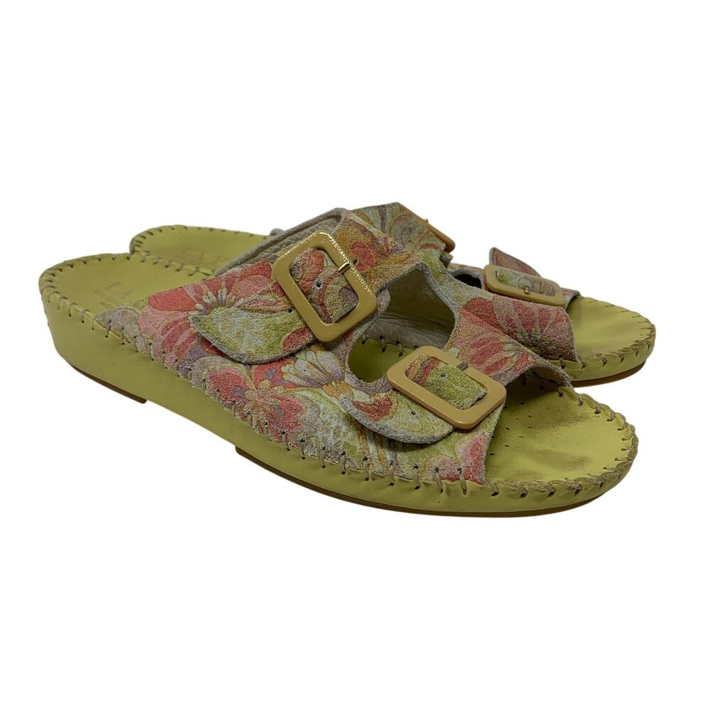 La Plume Wedge Sandals Womens Size 38 US 7.5 Chartreuse Floral Suede Straps